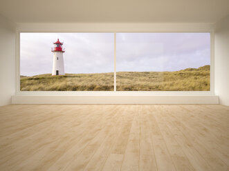 Empty room, looking through window to dune lanscape with lighthouse - UWF000782