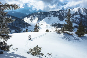 Österreich, Bundesland Salzburg, Osterhorngruppe, Braunedelkogl, Wanderer im Winter - HAMF000171