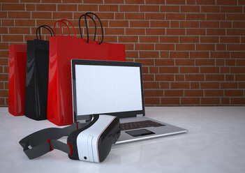 3D Illustration, VR Shopping, vr glasses with shopping bags and notebook - ALF000682