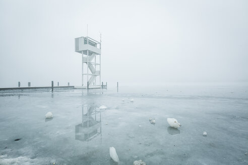 Deutschland, Berlin-Köpenick, Blick auf den zugefrorenen Müggelsee mit Sprungturm im Nebel - ASCF000515