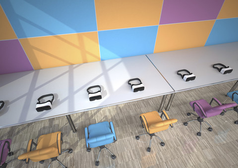 Row of Virtual Reality Glasses in a modern presentation room, 3D Rendering stock photo