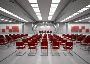 Futuristischer Raum mit roten Stühlen, 3D Rendering - ALF000684