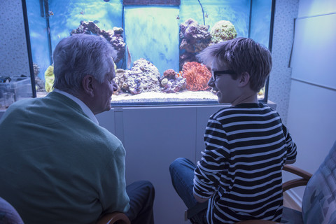 Großvater mit Enkel im Aquarium, lizenzfreies Stockfoto