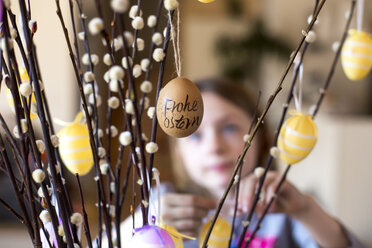 Easter egg hanging on twig with willow catkins - SARF002603