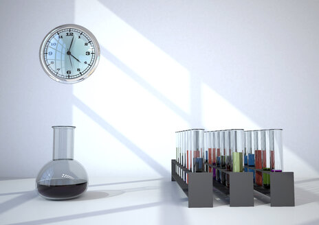 Chemielabor mit Reagenzgläsern und Uhr, 3d-Illustration - ALF000685