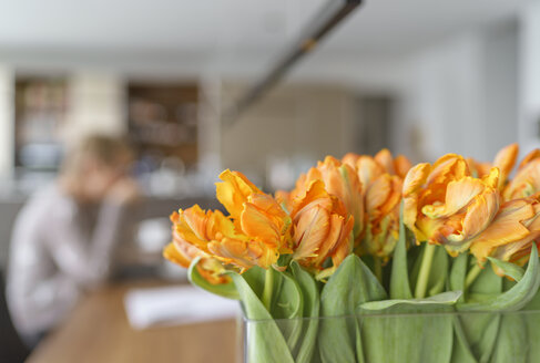 Blumenvase mit Papageientulpen in einem modernen Wohnzimmer - LAF001612