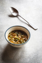 Asian soy dip with sesame and spring onion in bowl, spoon - EVGF002832