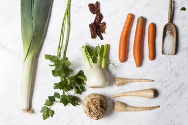 Bouquet garni pour boullion, ingredients, celeriac, parsley, fennel, leek, dried tomato and salz - SBDF002740