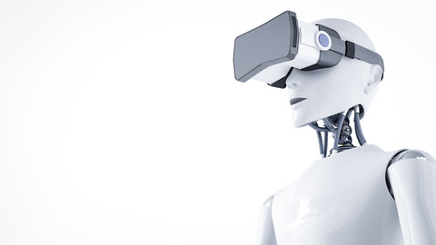 3D Rendering, Roboter with virtual reality glasses stock photo