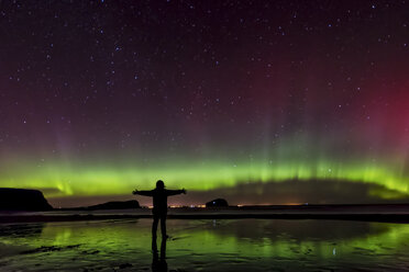 Scotland, East Lothian, silhouette of woman standing on Seacliff Beach watching Northern lights - SMAF000443