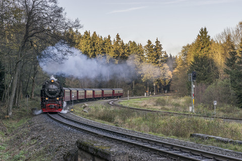 Deutschland, Sachsen-Anhalt, Nationalpark Harz, Harzer Schmalspurbahn im Herbst, lizenzfreies Stockfoto