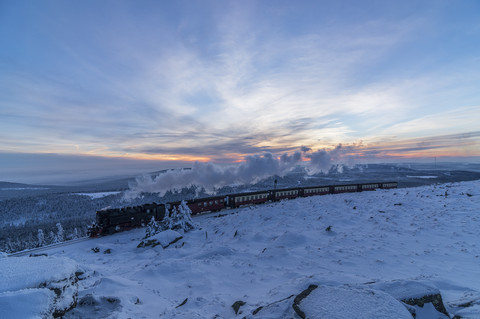 Germany, Saxony-Anhalt, Harz National Park, Brocken, Harz Narrow Gauge Railway in winter stock photo