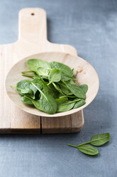 Wooden bowl of spinach leaves on wooden board - MYF001380