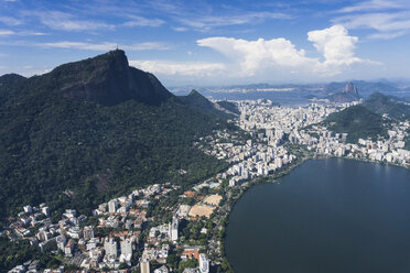 Brazil, Aerial view of Rio De Janeiro, Corcovado mountain with statue of Christ the Redeemer - MAUF000313