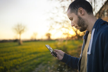 Mann überprüft das Smartphone auf einer grünen Wiese bei Sonnenuntergang - GEMF000786