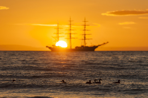 Island, Bucht von Kirkjufell, Segelschiff bei Sonnenuntergang, lizenzfreies Stockfoto