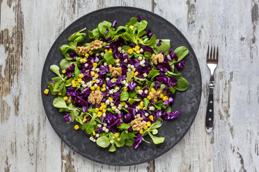 Wintersalat mit Feldsalat, Rotkohl, Mais und Fetakäse auf dem Teller - SARF002636