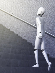 Roboter, der die Treppe hinaufgeht, 3d-Rendering - AHUF000124