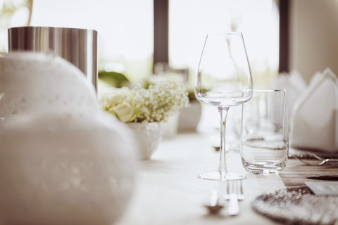 Festive laid dinner table, wedding stock photo