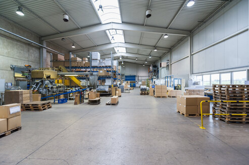 Leere Industriehalle mit gelagerten Paketen, Paletten und Verpackungsmaschine - DIGF000094