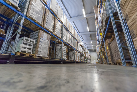 High rack warehouse with packed products ready for shipment stock photo