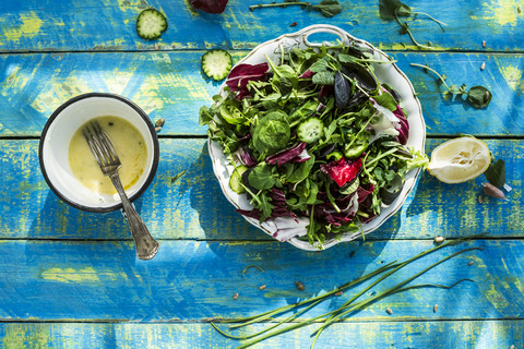 Frühlingssalat aus Babyspinat, Kräutern, Rucola und Kopfsalat, Dressing aus Joghurt, Olivenöl, Honig und Zitrone, lizenzfreies Stockfoto