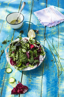 Frühlingssalat aus Babyspinat, Kräutern, Rucola und Kopfsalat, Dressing aus Joghurt, Olivenöl, Honig und Zitrone - DEGF000710