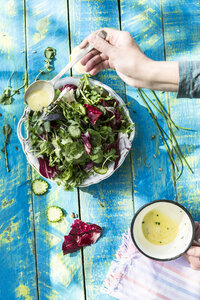 Frühlingssalat aus Babyspinat, Kräutern, Rucola und Kopfsalat, angerichtet mit einem Dressing aus Joghurt, Olivenöl, Honig und Zitrone - DEGF000712