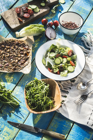 Griechischer Salat mit Rucola, kleinen Gems, Tomaten, Gurken, Zwiebeln und karamellisierten Nüssen, lizenzfreies Stockfoto