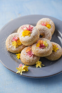 Krapfen mit Papierblumen auf Teller - MYF001402