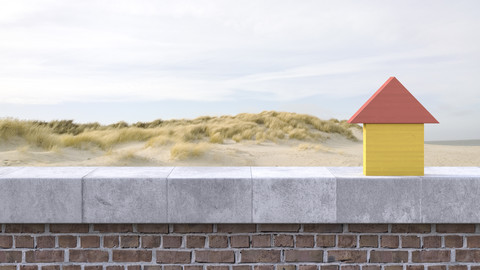 3D Rendering, Holzhaus auf Fensterbank, Strand im Hintergrund, lizenzfreies Stockfoto