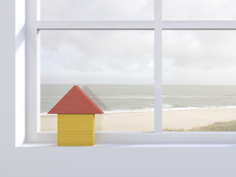 3D Rendering, Holzhaus auf Fensterbank, Strand im Hintergrund, lizenzfreies Stockfoto