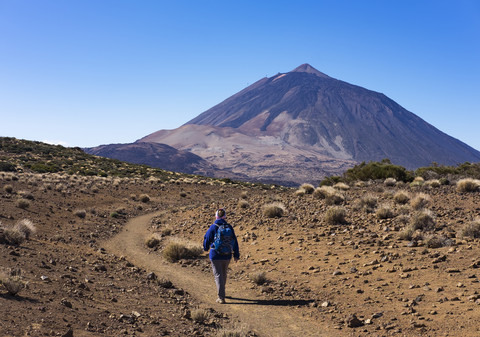 Spanien, Kanarische Inseln, Teneriffa, Roques de Garcia, Berg Teide, Teide-Nationalpark, Wanderin auf Wanderweg Ruta Arenas Negras, lizenzfreies Stockfoto