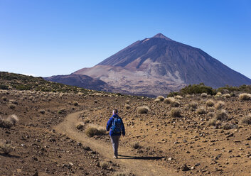 Spain, Canary Islands, Tenerife, Roques de Garcia, Mount Teide, Teide National Park, Female hiker on hiking trail Ruta Arenas Negras - SIEF007002