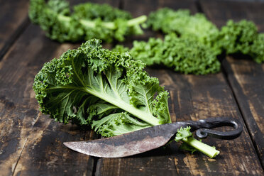 Kale leaves on dark wood - CSF027361