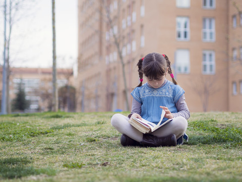 Little girl sitting on a meadow reading a book stock photo