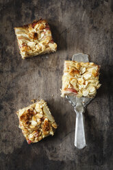 Three pieces of whole meal apple pie with sliced almonds and a cake server on wood - EVGF002866