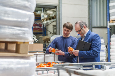 Manager und Arbeiter im Lager einer Kunststofffabrik bei der Produktkontrolle - DIGF000155