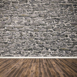 Natursteinwand und Holzboden, 3D Rendering - UWF000824