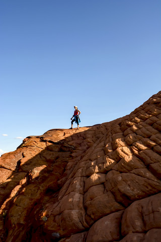 USA, Utah, Hiker in Snow Canyon State Park stock photo