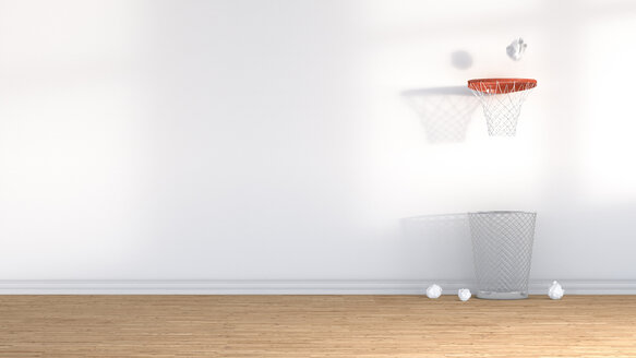3D Rendering, Papierkorb unter Basketballkorb - AHUF000138