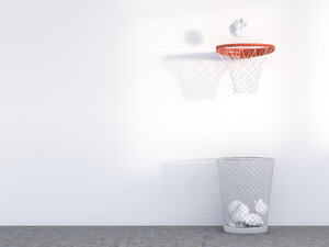 3D Rendering, Papierkorb unter Basketballkorb, zielsicher - AHUF000140