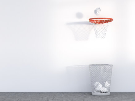 3D Rendering, wastepaper basket under basketball hoop, unerring - AHUF000140