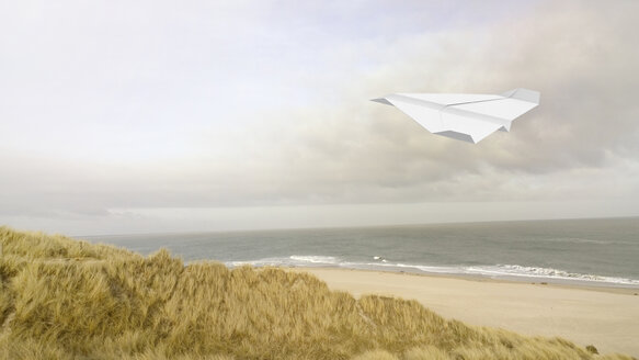 Paper plane, beach in the background, 3D Rendering - AHUF000142