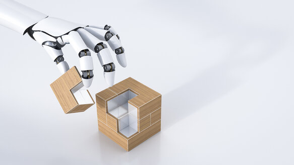 3D Rendering, robot hand assembling cube, copy space - AHUF000144