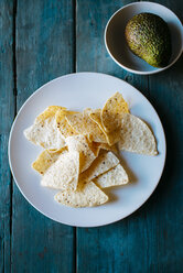 Plate of nachos and bowl with avocado - KIJF000266