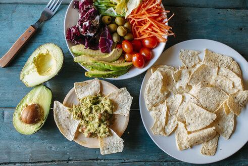 Avocados, Guacamole, Nachos und gemischter Salat - KIJF000277