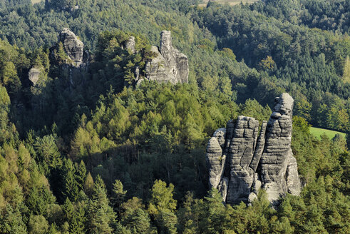 Deutschland, Sachsen, Nationalpark Sächsische Schweiz, Honigsteine und Talwächterfelsen - RUEF001690