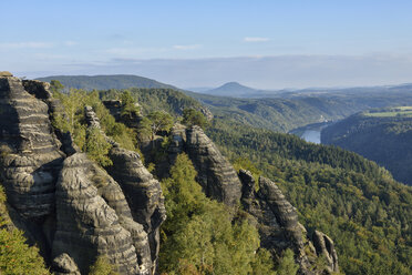 Deutschland, Sachsen, Nationalpark Sächsische Schweiz, Blick vom Aussichtspunkt Schrammsteine, Elbsandsteingebirge - RUEF001691