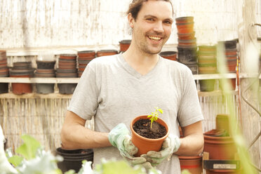 Smiling man holding flowerpot with Moringa seedling - MFRF000515